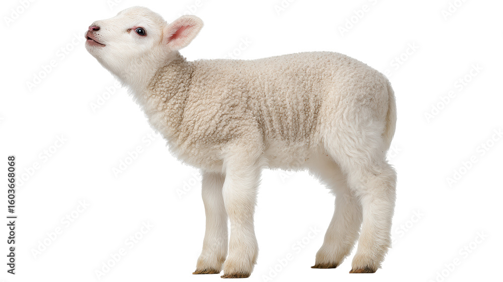 Obraz premium Young lamb isolated on transparent background with soft wool texture and curious expression