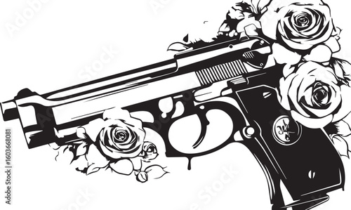 Vector illustration of a handgun with bullets on white background