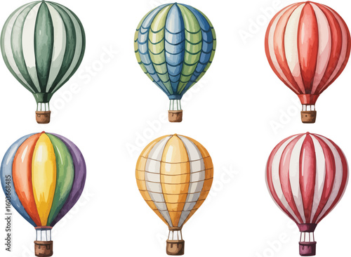 Colorful Watercolor Hot Air Balloons Green, Blue, Red, Purple, Yellow Illustration Isolated
