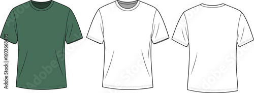 Classic Unisex Short Sleeve T-Shirt in Dark Green and White, Front and Back Views, Ideal for Apparel Design, Casual Wear Mockups, and Everyday Fashion Collections, Blank Template