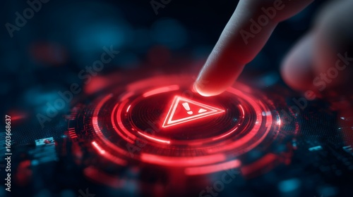Digital system warning alert, Cybersecurity threat notification interface, Online risk management solution, Emergency error button activation