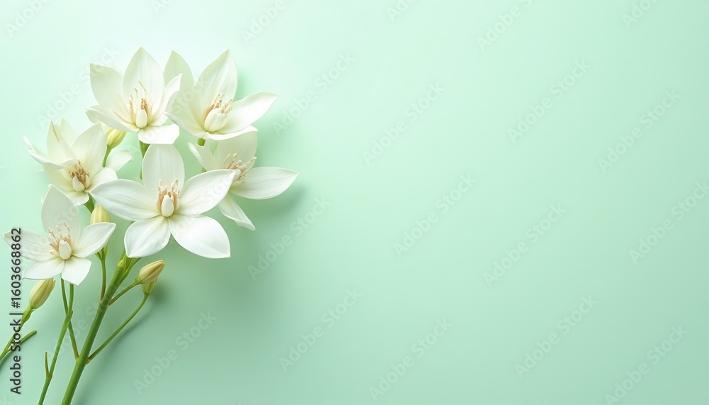 Fototapeta premium Elegant White Flowers on Light Green Background with Open Space