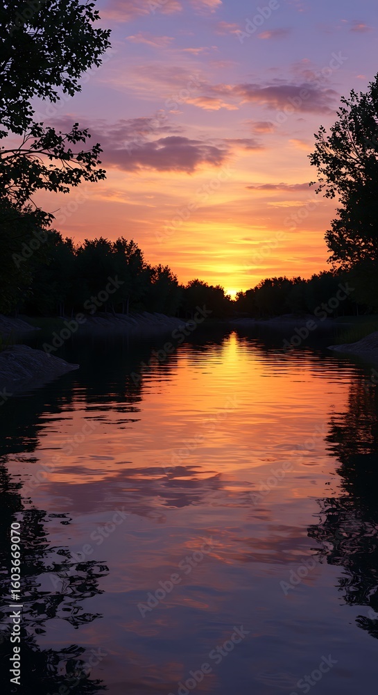 Obraz premium 夕暮れの静寂と炎の鏡面