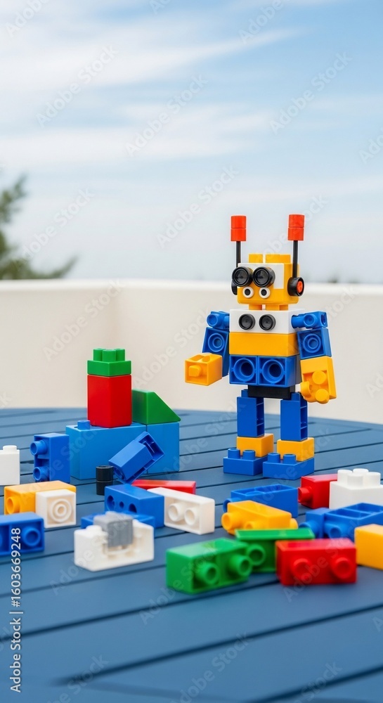 Obraz premium A colorful toy robot made from plastic building blocks stands on a blue table outdoors.