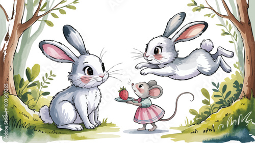 Cute Watercolor Bunnies and Mouse with Strawberry in Forest Illustration Art