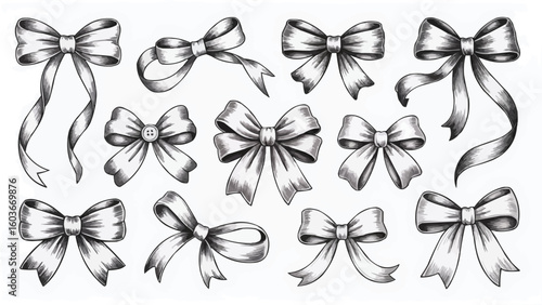 Elegant Collection of HandDrawn Bow Illustrations in Gray Tones with Varying Styles and Details