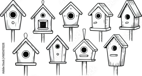 HandDrawn Birdhouse Collection Variety of Styles, Black and White Line Art Illustration