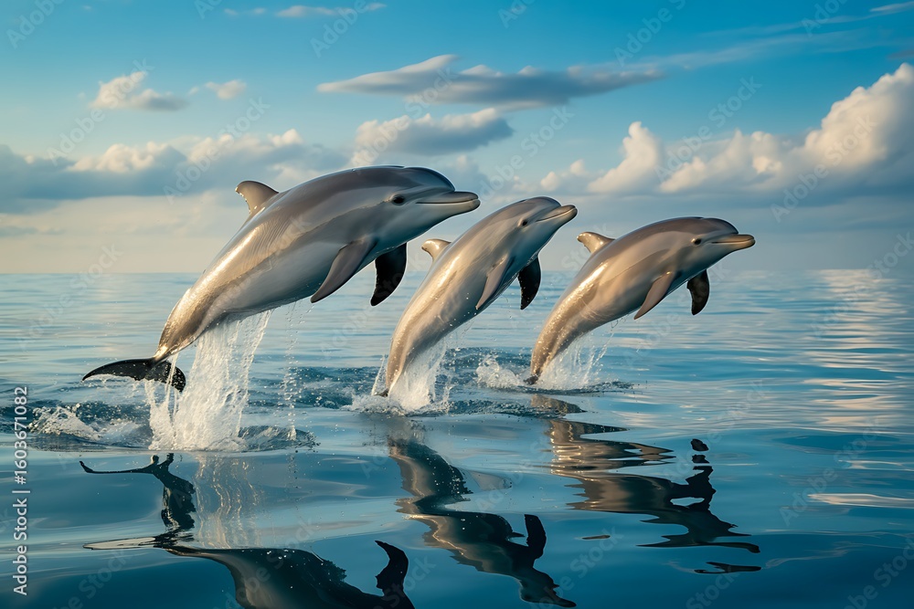Fototapeta premium Three dolphins leap gracefully out of the ocean under a blue sky
