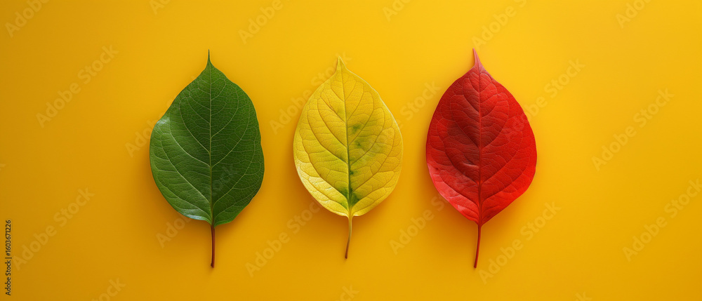 Obraz premium Three Colorful Autumn Leaves in a Row on Yellow Background