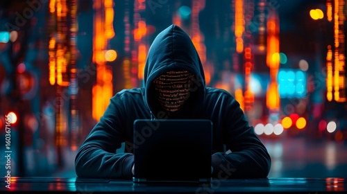 Hooded Hacker with Laptop and Abstract Glowing Data Background