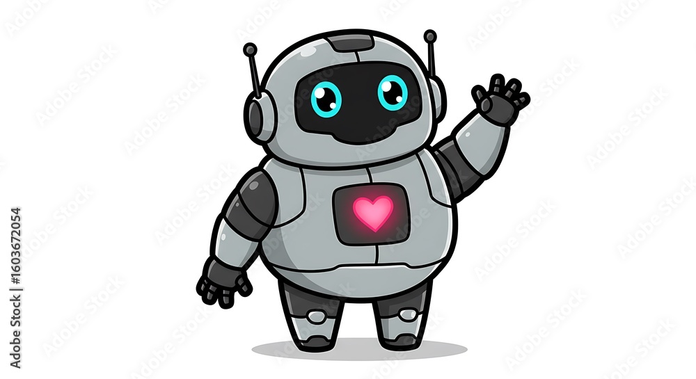 Adorable chubby robot with a glowing pink heart waving its hand in greeting. Adorable chubby robot with a glowing pink heart waving its hand in greeting.