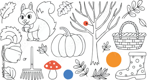 Outlined FallThemed Coloring Page Featuring a Squirrel, Pumpkin, Leaves, Basket, and Wellington Boots