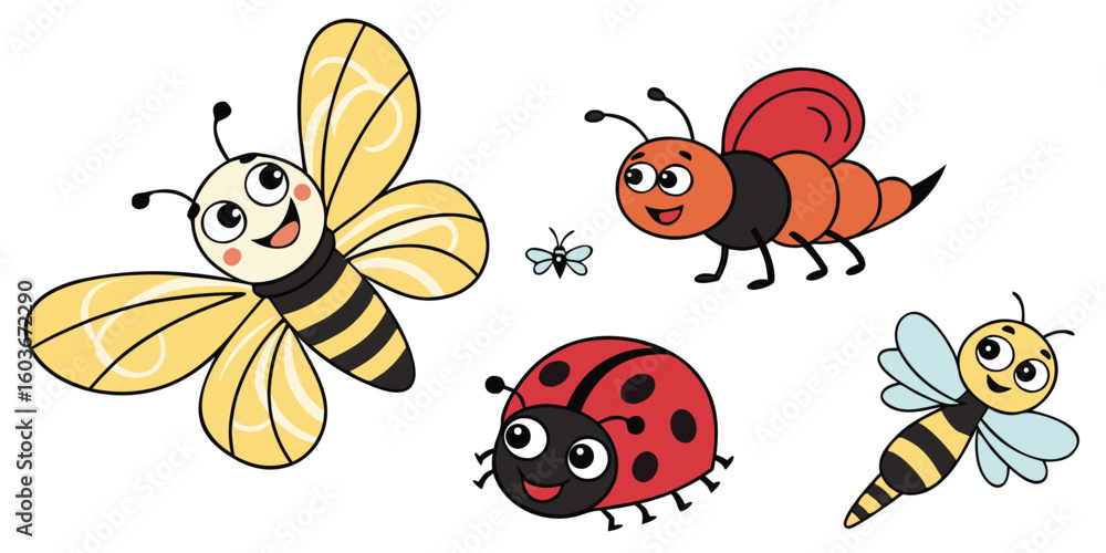 Fototapeta premium Cute cartoon bees and ladybug insects isolated on white background.eps