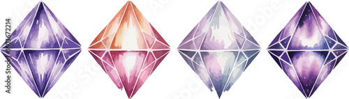 Row of Four Watercolor Diamond Illustrations in Shades of Purple, Orange, and Grey