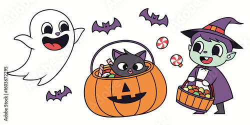 Cute halloween characters ghost black cat pumpkin and witch isolated on white background.eps