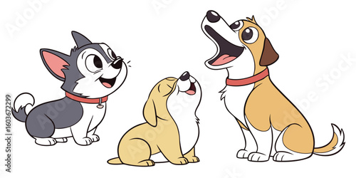 Three adorable cartoon puppies looking up and howling together isolated on white background.eps