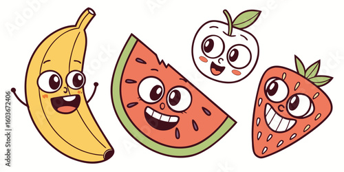 Cute cartoon fruits smiling and waving with happy faces isolated on white background.eps