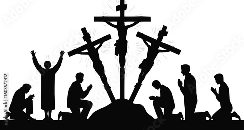 Silhouetted Figures Praying at Three Crosses Symbolizing Faith, Redemption, and Christian Beliefs Rendered in Black and White