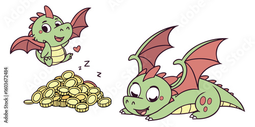 Cute cartoon baby dragons with treasure hoard isolated on white background.eps