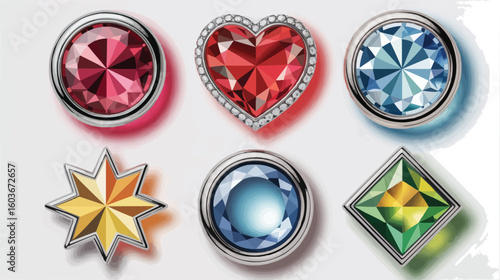 Six Gemstones Red Heart, Round Ruby, Blue Sapphire, Yellow Star, Emerald Cut Stones Set