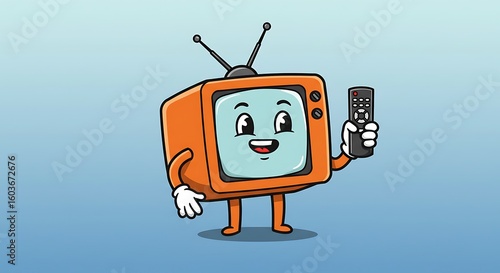 Happy Retro Television Cartoon Character Holding a Remote Control