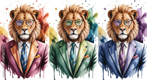 Three Lions in Suits Watercolor Style, One Wearing Pink, Green and Navy Suits
