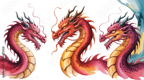 Three Watercolor Dragons Red, Orange and Pink Mythical Creatures Illustration on White Background