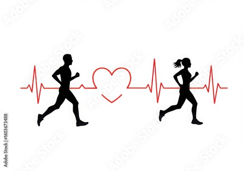 Couple running together with heartbeat and heart symbol