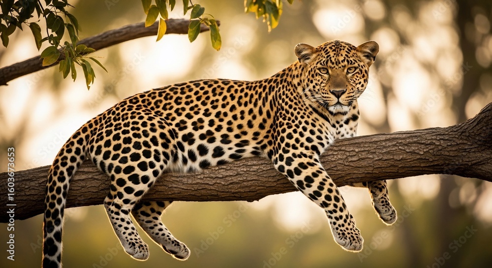 Obraz premium A majestic leopard rests languidly on a tree branch, dappled sunlight filtering through the leaves.