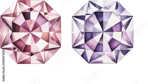 Two Sparkling Watercolor Gems Rose Quartz and Amethyst Illustration on White Background