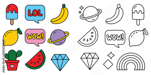 Collection of playful graphic stickers featuring fruit planets diamonds and speech bubbles adding a fun vibrant touch to any design project