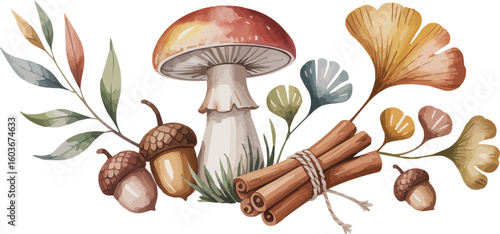 Watercolor Autumn Composition Mushroom, Acorns, Cinnamon Sticks, Ginkgo Leaves on White Background