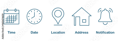 Time, date and address yellow line ,flat icons set. Event calendar reminder clock business schedule sign, location pin symbol, place pointer time map element vector isolated on transparent background.
