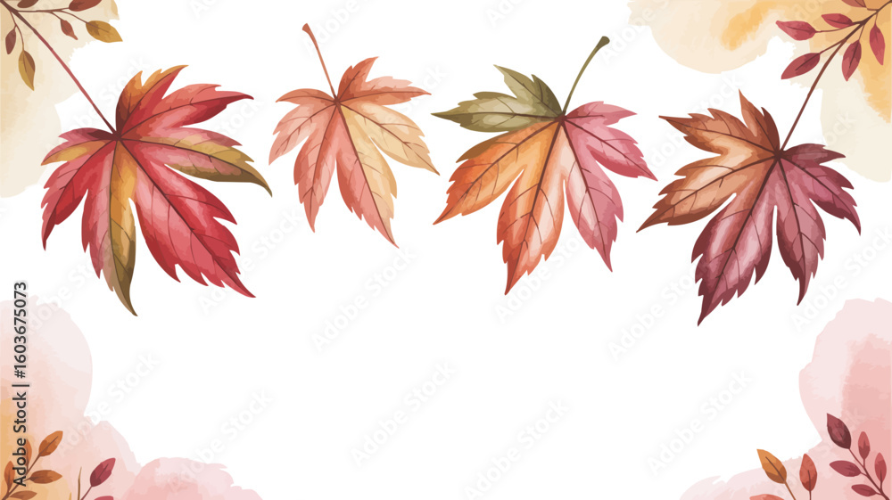 Obraz premium Watercolor Autumn Leaves Border Red, Orange, Brown, and Green Leaves on White Background