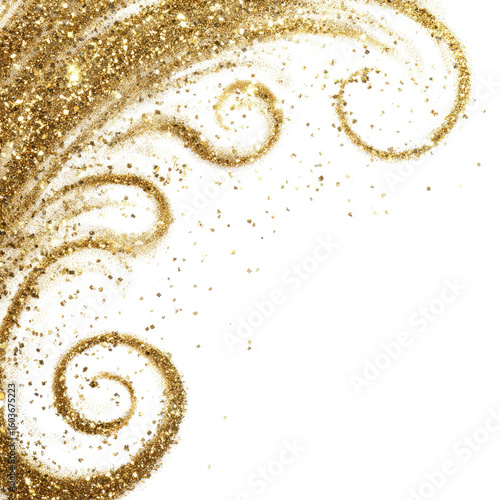 Gold glitter swirls on white background