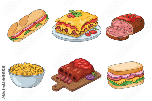 Cartoon Food Assortment Featuring Lasagna Sandwiches Ribs Macaroni and Cheese Meatloaf Illustration