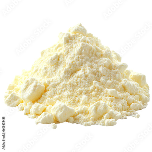 Pile of yellow milk powder with fine texture isolated on transparent background