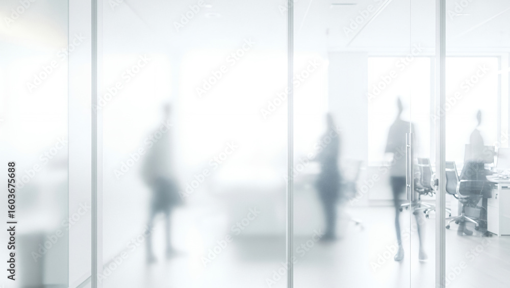 Fototapeta premium Blurred figures in a bright office space with glass walls and modern design.
