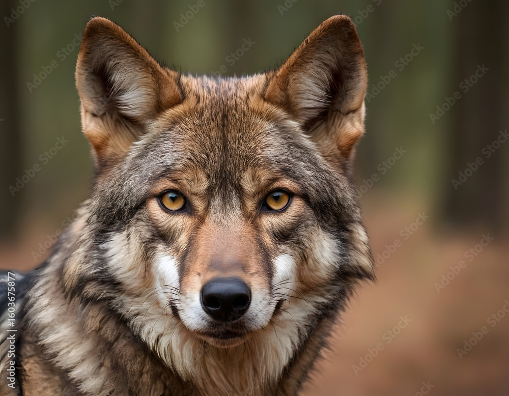 Obraz premium Generative AI illustration of an Iberian wolf of Spain. A close-up of a European wolf with hazel eyes is looking at the camera. A natural background with text space.