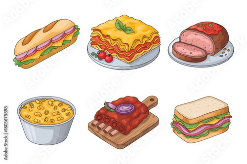 Variety of Delicious Meals Including Sandwiches Lasagna Meatloaf Mac and Cheese and Ribs Presented on a White Background