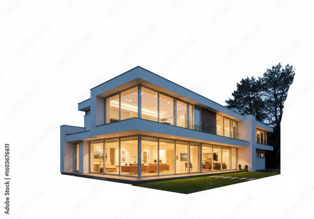 Fototapeta premium Modern luxury home with extensive glass walls and warm interior lighting