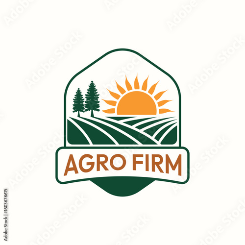 agro farm logo with sun field and wheat.