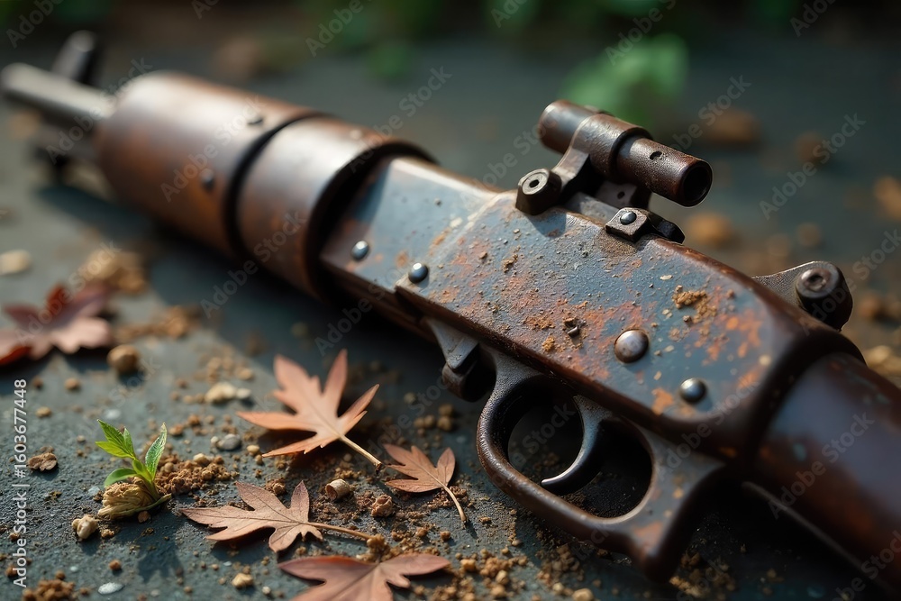 Obraz premium Rusty Relic A Close-Up of a Discarded Knife, Highlighting the Dangers of Unsecured Weapons and the Threat of Neglected Arms. The image emphasizes texture, decay, and historical grunge.