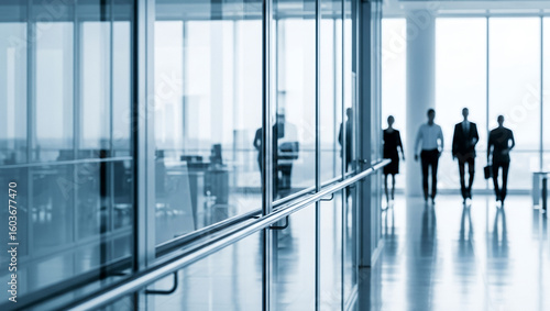 Silhouetted business people walk in a modern office building with glass walls.