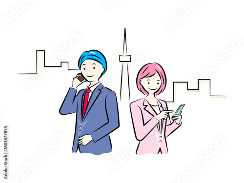 スマートフォンで操作・電話をする男女のビジネスパーソン｜ビジネスイラストシリーズ