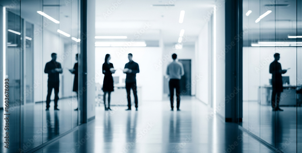 Silhouetted people stand in a modern office hallway with glass walls. Silhouetted people stand in a modern office hallway with glass walls.