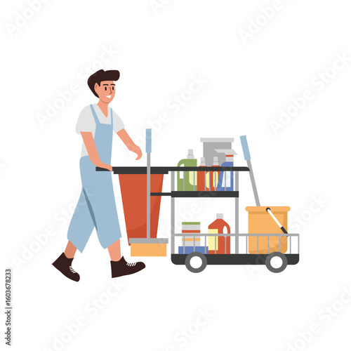 Cleaning service profession. Cleaning service character. Housekeeper. Office cleaning. Cleaning service equipment.