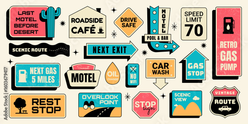 Retro sticker set with motel signs, highway icons, gas stops, scenic route labels and more elements. Vector illustration in vintage colorful style