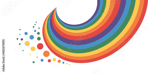 Vibrant Rainbow Arc with Scattered Colorful Circles on White Background Ideal for Pride Celebrations and Inclusive Designs