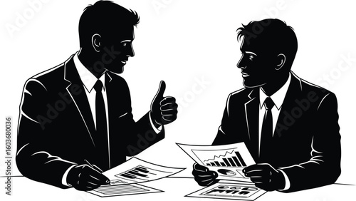 Vector art of silhouette of two businessmen discussing charts symbolizing teamwork analysis and business strategy